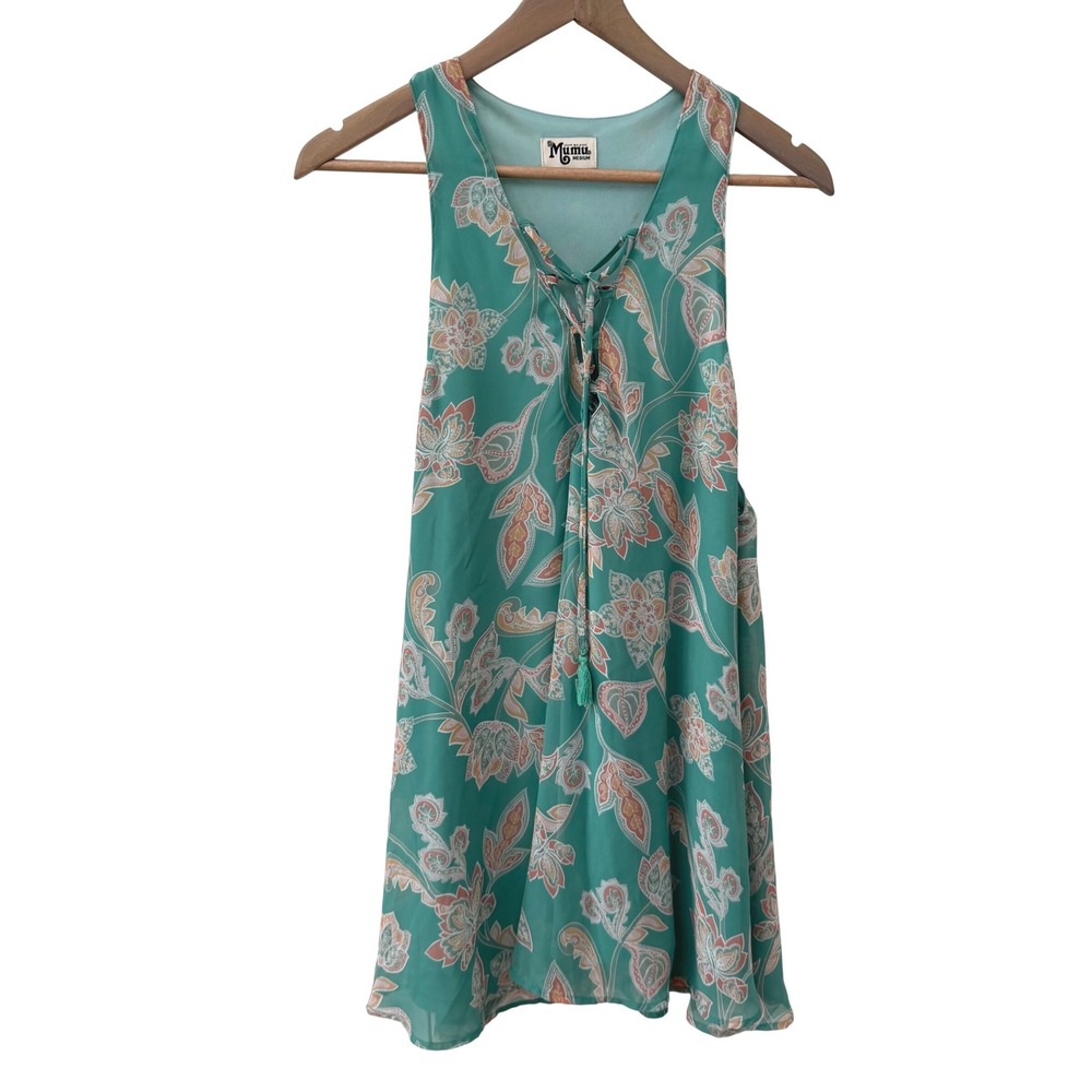 Show Me Your Mumu Mini Dress Medium Teal Green Paisley Lace Up Boho Swing‎